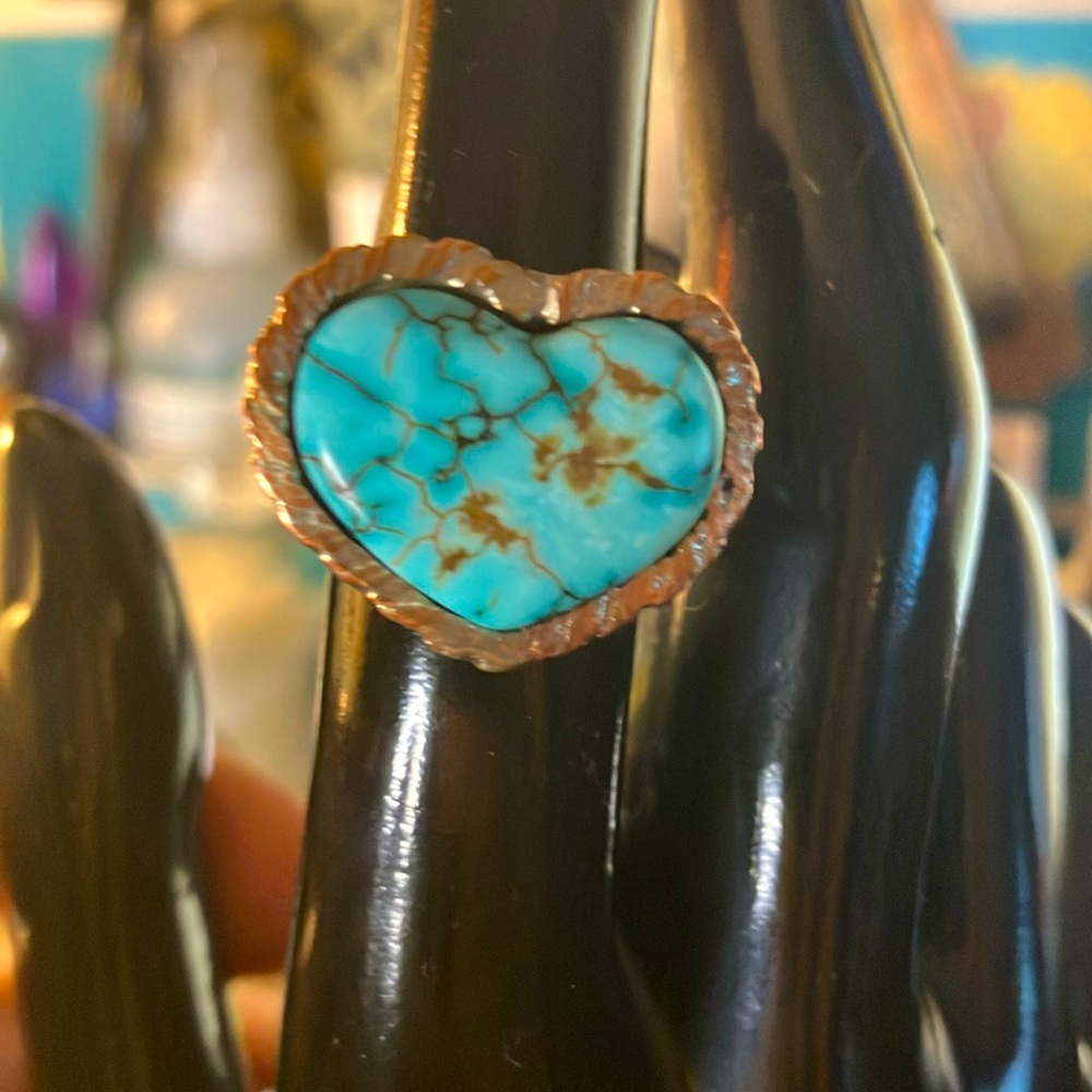 Sterling Silver .925 Turquoise Heart with rose gold edge Ring Size 8 - Picture 1 of 3